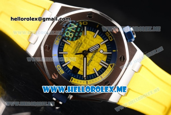 Audemars Piguet Royal Oak Offshore Diver Asia 2813 Automatic Steel Case with Yellow Dial and Stick Markers Yellow Rubber Strap (EF) - Click Image to Close